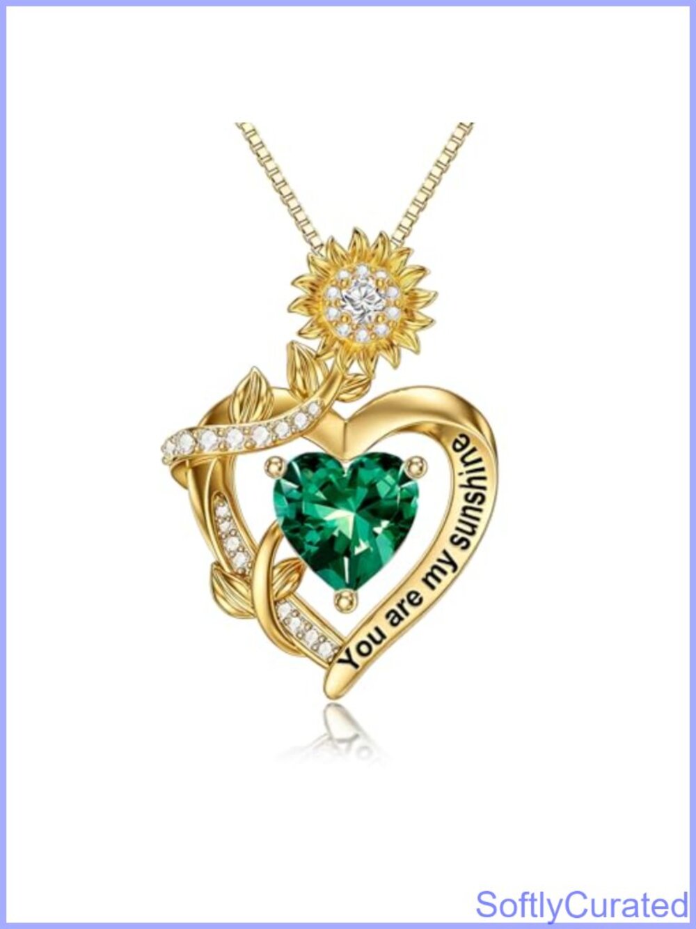 18K Gold Sunflower Necklace You Are My Sunshine Emerald Pendant 18in